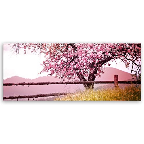 ge Bildet® hochwertiges Leinwandbild Panorama XXL Pflanzen Bilder - Frühlingsbaum - Natur Baum Rosa Pink - 120 x 50 cm einteilig 2206 A