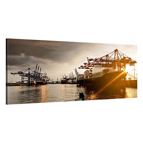 ge Bildet® hochwertiges Leinwandbild XXL Panorama - Hamburger Hafen - 120 x 50 cm einteilig 1247