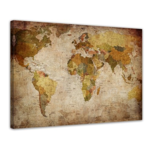 Wandbild - Weltkarte Retro - Bild auf Leinwand - 80 x 60 cm - Leinwandbilder - Bilder als Leinwanddruck - Urban & Graphic - Landkarte im Vintage-Stil