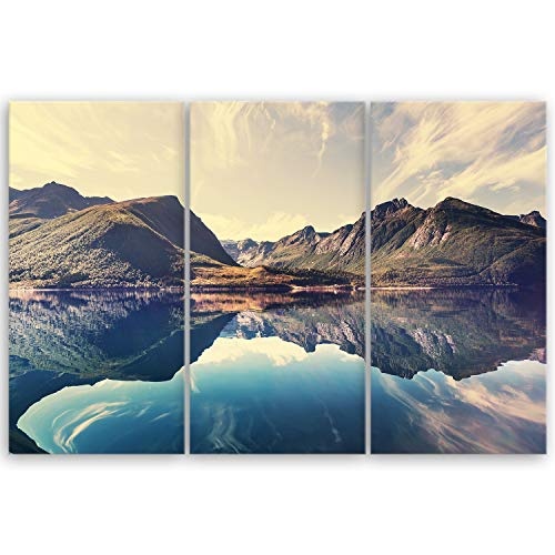 ge Bildet® hochwertiges Leinwandbild XXL Naturbilder Landschaftsbilder - Norwegische Berglandschaft - Norwegen Bild Natur Berg See - 120 x 80 cm mehrteilig (3 teilig) 2212 L