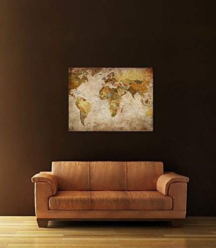 Keilrahmenbild - Weltkarte Retro - Bild auf Leinwand - 120x90 cm 1 teilig - Leinwandbilder - Bilder als Leinwanddruck - Urban & Graphic - Landkarte im Vintage-Stil