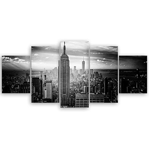ge Bildet® hochwertiges Leinwandbild - Empire State Building in New York - Schwarz Weiß - 150 x 70 cm mehrteilig (5 teilig) | Wanddeko Wandbild Wandbilder Bild auf Leinwand | 2228II