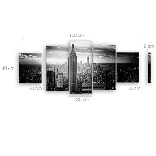 ge Bildet® hochwertiges Leinwandbild - Empire State Building in New York - Schwarz Weiß - 150 x 70 cm mehrteilig (5 teilig) | Wanddeko Wandbild Wandbilder Bild auf Leinwand | 2228II