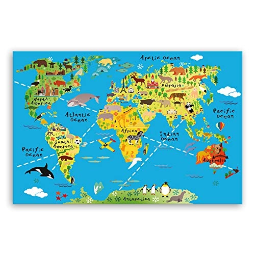 ge Bildet !!! SENSATIONSPREIS hochwertiges Leinwandbild - Weltkarte für Kinder - Hellblau - Bild für kinderzimmer - 30 x 20 cm einteilig 1465