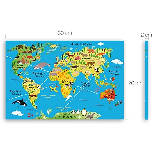 ge Bildet !!! SENSATIONSPREIS hochwertiges Leinwandbild - Weltkarte für Kinder - Hellblau - Bild für kinderzimmer - 30 x 20 cm einteilig 1465