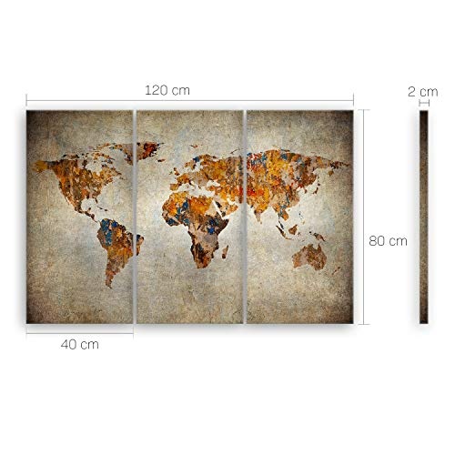 ge Bildet® hochwertiges Leinwandbild XXL - Weltkarte Retro - Weltkarte Leinwand - 120 x 80 cm mehrteilig (3 teilig) 2202 F