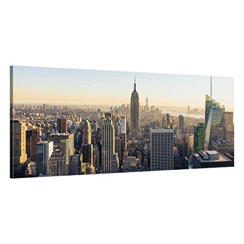ge Bildet® hochwertiges Panorama Leinwandbild XXL - New York City Skyline - 120 x 50 cm einteilig | Wanddeko Wandbild Wandbilder Bild auf Leinwand | 2283B L