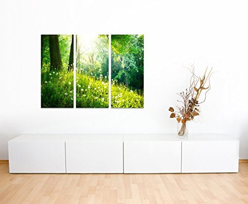 130x90cm - Keilrahmenbild Frühling Natur wunderschöne Landschaft Pusteblumen 3teiliges Wandbild auf Leinwand und Keilrahmen - Fotobild Kunstdruck Artprint