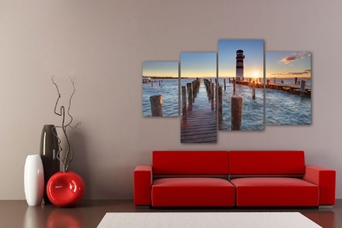 Leinwandbild Leuchtturm mit Pier LW182 Wandbild, Bild auf Leinwand, 4 Teile, 180x115cm, Kunstdruck Canvas, XXL Bilder, Keilrahmenbild, fertig aufgespannt, Bild, Holzrahmen, Landschaft, Natur, See