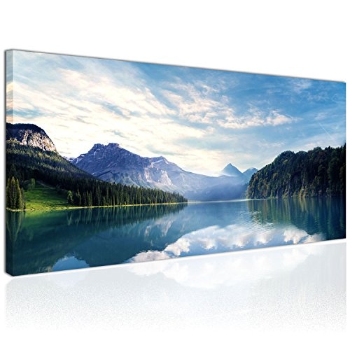 XXL Wandbild, Leinwandbild 100x50cm, der See im Tal, Natur Landschaft und Berge - Panoramabild Keilrahmenbild, Bild auf Leinwand - Einteilig, Fertig zum Aufhängen