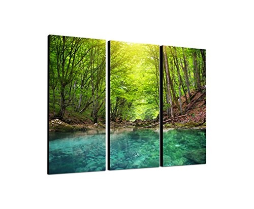130x90cm - Keilrahmenbild Flusslauf Wald naturbelassen Natur 3teiliges Wandbild auf Leinwand und Keilrahmen - Fotobild Kunstdruck Artprint
