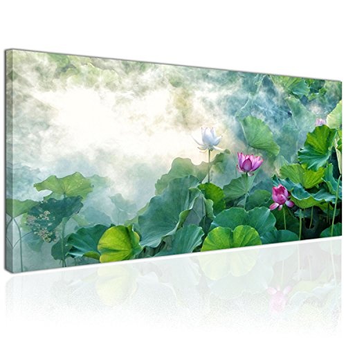 Topquadro XXL Wandbild, Leinwandbild 100x50cm, Indische Lotusblumen mit Nebel - Lotus Wasserlilie Seerose, Natur - Panoramabild Keilrahmenbild, Bild auf Leinwand - Einteilig, Fertig zum Aufhängen