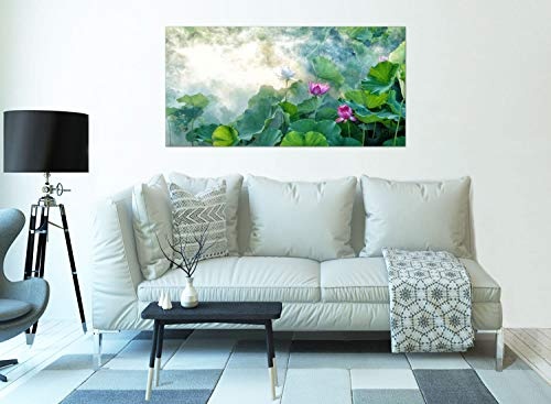 Topquadro XXL Wandbild, Leinwandbild 100x50cm, Indische Lotusblumen mit Nebel - Lotus Wasserlilie Seerose, Natur - Panoramabild Keilrahmenbild, Bild auf Leinwand - Einteilig, Fertig zum Aufhängen