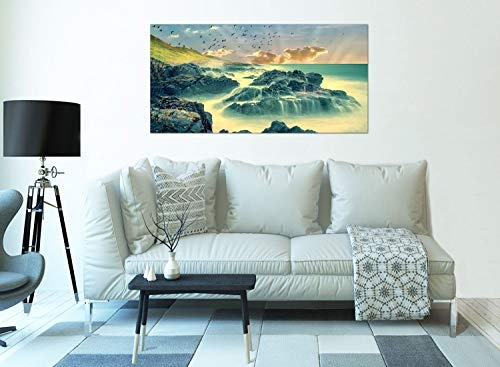 Topquadro XXL Wandbild, Leinwandbild 100x50cm, Meer und Felsenküste - Meereswellen Natur und Küste - Panoramabild Keilrahmenbild, Bild auf Leinwand - Einteilig, Fertig zum Aufhängen