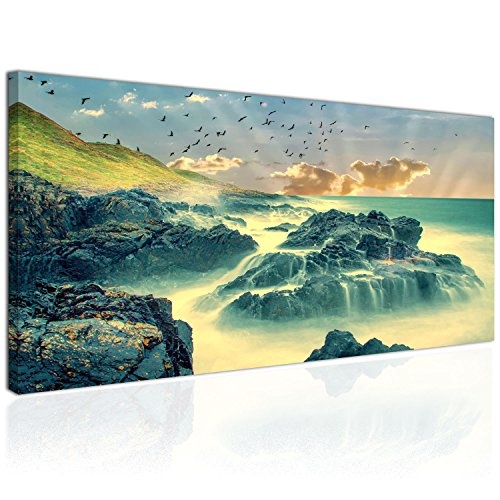 Topquadro XXL Wandbild, Leinwandbild 100x50cm, Meer und Felsenküste - Meereswellen Natur und Küste - Panoramabild Keilrahmenbild, Bild auf Leinwand - Einteilig, Fertig zum Aufhängen