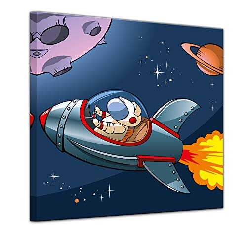 Keilrahmenbild Kinderbild Rakete im Weltraum - 80 x 80 cm Bilder als Leinwanddruck Fotoleinwand Kinder Raumfahrt - Astronaut im Raumschiff