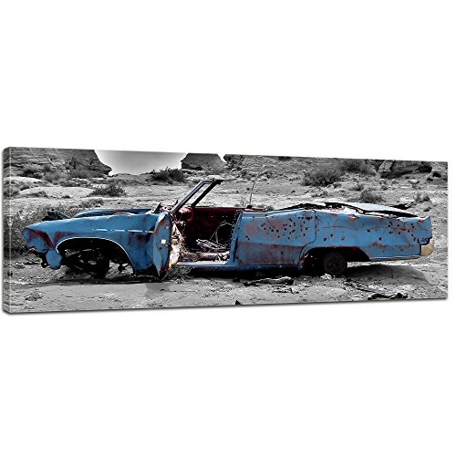 Keilrahmenbild - Cadillac - blau - Bild auf Leinwand - 160x50 cm - Leinwandbilder - Motorisiert - Amerika - Landschaften - Autowrack in der Wüste