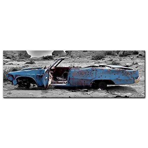 Keilrahmenbild - Cadillac - blau - Bild auf Leinwand - 160x50 cm - Leinwandbilder - Motorisiert - Amerika - Landschaften - Autowrack in der Wüste