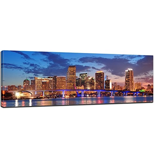 Keilrahmenbild - Skyline von Miami South Beach - Florida - Bild auf Leinwand - 120x40 cm - Leinwandbilder - Städte & Kulturen - Amerika - Biscayne Bay - Nachtleben