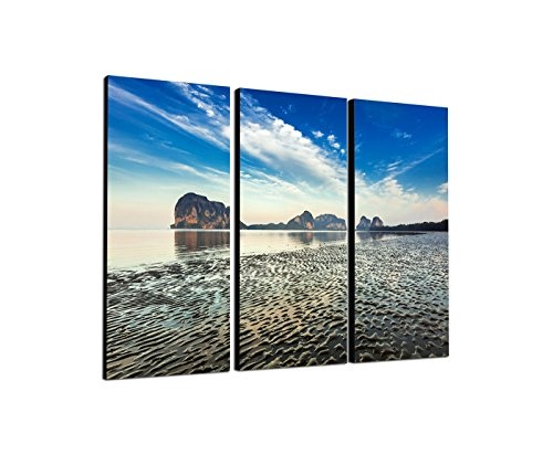 130x90cm - Keilrahmenbild Sand Meer Spiegelung blau 3teiliges Wandbild auf Leinwand und Keilrahmen - Fotobild Kunstdruck Artprint