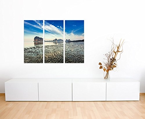 130x90cm - Keilrahmenbild Sand Meer Spiegelung blau 3teiliges Wandbild auf Leinwand und Keilrahmen - Fotobild Kunstdruck Artprint