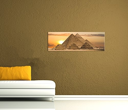 Keilrahmenbild - Pyramiden Fantasie - Bild auf Leinwand - 120x40 cm - Leinwandbilder - Landschaften - Ägypten - Gizeh - Weltwunder im Sonnenuntergang