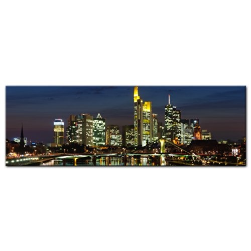 Keilrahmenbild - Frankfurt Skyline bei Nacht - Deutschland - Bild auf Leinwand - 120x40 cm - Leinwandbilder - Städte & Kulturen - Hessen - Hochhäuser - Messe - Börse