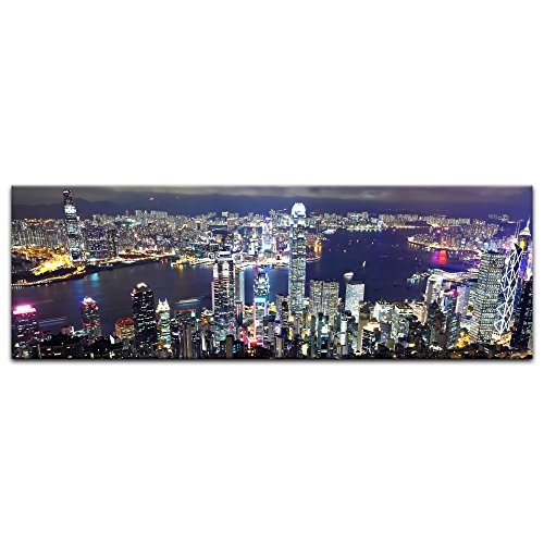 Keilrahmenbild - Hong Kong City at Night - Bild auf Leinwand - 160 x 50 cm - Leinwandbilder - Bilder als Leinwanddruck - Städte & Kulturen - Asien - China - Skyline von Hong Kong