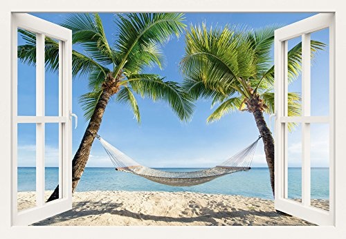 Artland Qualitätsbilder I Bild auf Leinwand Leinwandbilder Wandbilder 100 x 70 cm Landschaften Karibik Foto Blau B8DD Fensterblick Urlaub Palmen Strand Hängematte