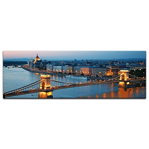 Keilrahmenbild - Budapest Skyline bei Nacht - Bild auf Leinwand - 120 x 40 cm - Leinwandbilder - Bilder als Leinwanddruck - Städte & Kulturen - Europa - Kettenbrücke und Donau