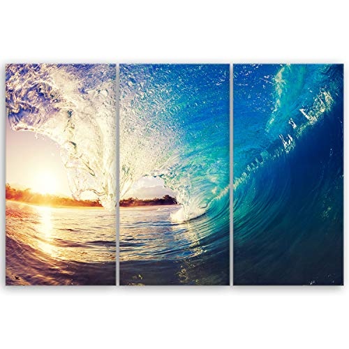 ge Bildet® hochwertiges Leinwandbild Panorama XXL Naturbilder Landschaftsbilder - The Wave - Welle Surfen Wasser Sonnenuntergang blau gelb orange - 120 x 80 cm mehrteilig (3 teilig) 2213 S