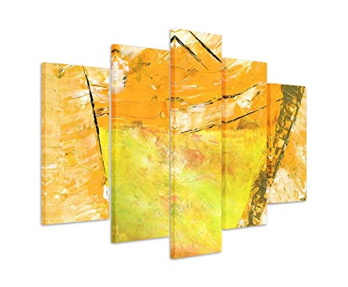 5 teiliges Wandbild auf Leinwand (Gesamt: H: 100cm B: 160cm) Keilrahmenbild Canvas Fotodruck Leinwandbild Leinwanddruck Kunstdruck Wandbild orange gelb grün gemalt