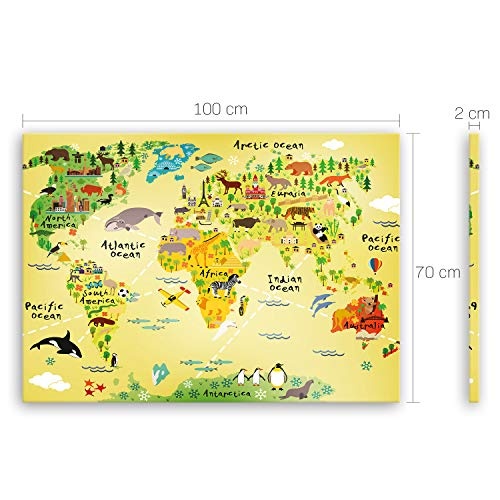 ge Bildet® hochwertiges Leinwandbild XXL - Weltkarte für Kinder - Gelb - Bild für kinderzimmer - 100 x 70 cm einteilig 2202 J