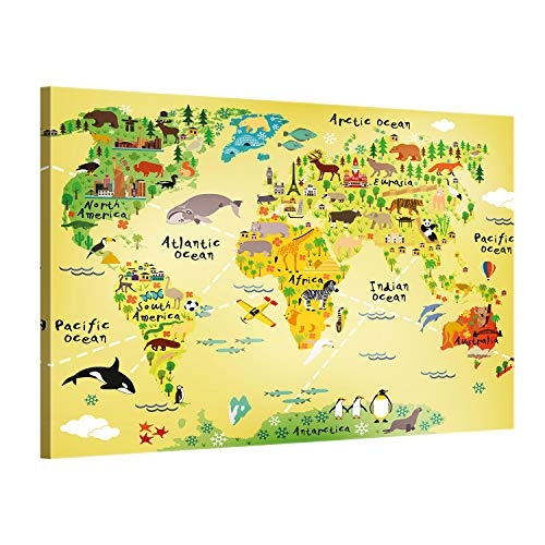 ge Bildet® hochwertiges Leinwandbild XXL - Weltkarte für Kinder - Gelb - Bild für kinderzimmer - 100 x 70 cm einteilig 2202 J