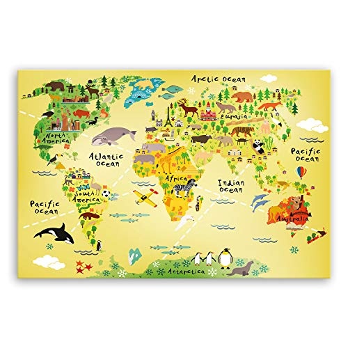 ge Bildet® hochwertiges Leinwandbild XXL - Weltkarte für Kinder - Gelb - bild für kinderzimmer - 120 x 80 cm einteilig 2200 J