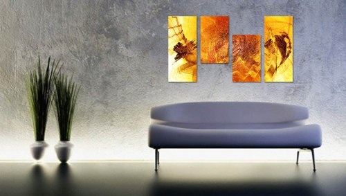 Augenblicke Wandbilder Gute Laune Bild sonnig gelb - 130x70cm 4 teiliges Keilrahmenbild (30x70+30x50+30x50+30x70cm) abstraktes Wandbild mehrteilig Gemälde-Stil handgemalte Optik Vintage