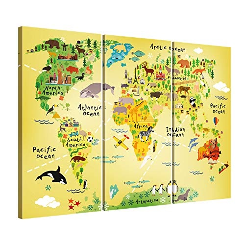 ge Bildet® hochwertiges Leinwandbild XXL - Weltkarte für Kinder - Gelb - Bild für kinderzimmer - 120 x 80 cm mehrteilig (3 teilig) 2201 J