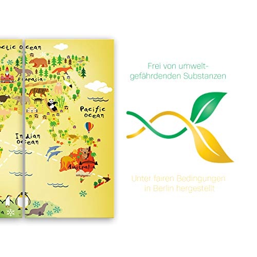 ge Bildet® hochwertiges Leinwandbild XXL - Weltkarte für Kinder - Gelb - Bild für kinderzimmer - 120 x 80 cm mehrteilig (3 teilig) 2201 J