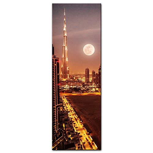 Keilrahmenbild - Dubai im Mondlicht - Bild auf Leinwand - 40x120 cm - Leinwandbilder - Städte & Kulturen - Vereinigten Arabischen Emirate - Vollmond