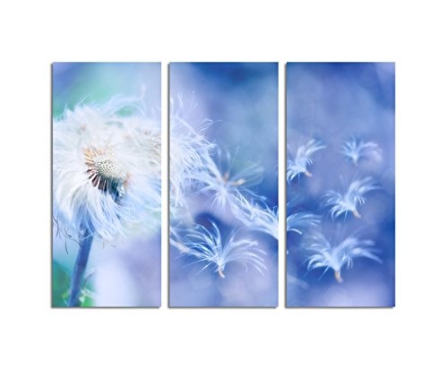 130x90cm - Keilrahmenbild Pusteblume Wind verträumt blau 3teiliges Wandbild auf Leinwand und Keilrahmen - Fotobild Kunstdruck Artprint