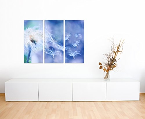 130x90cm - Keilrahmenbild Pusteblume Wind verträumt blau 3teiliges Wandbild auf Leinwand und Keilrahmen - Fotobild Kunstdruck Artprint