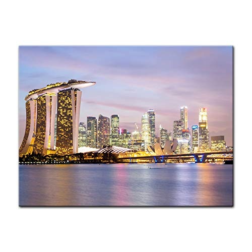 Keilrahmenbild - Singapur - Skyline II - Bild auf Leinwand - 120x90 cm einteilig - Leinwandbilder - Städte & Kulturen - Asien - Hotel Marina Bay Sands - Wolkenkratzer - beleuchtet