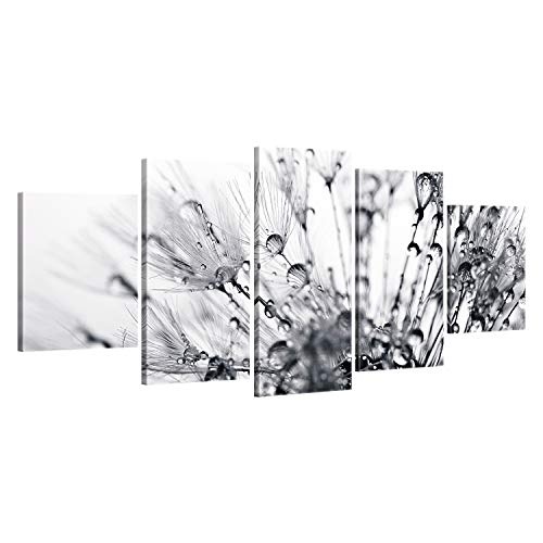 ge Bildet® hochwertiges Leinwandbild XXL Pflanzen Bilder - Another World - schwarz weiß - Blumen Natur Pusteblume - 150 x 70 cm mehrteilig (5 teilig) 2207 H