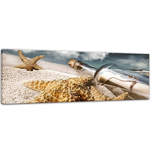 Keilrahmenbild Flaschenpost mit Seesternen - 120x40 cm LeinKeilrahmenbilder Bilder als Leinwanddruck Fotoleinwand Landschaften Küste - maritim - Flasche am Strand