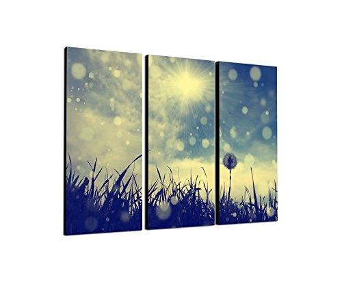 130x90cm - Keilrahmenbild Pusteblume Sonnenstrahlen Vintage blau-grau 3teiliges Wandbild auf Leinwand und Keilrahmen - Fotobild Kunstdruck Artprint