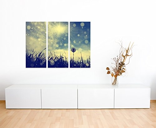 130x90cm - Keilrahmenbild Pusteblume Sonnenstrahlen Vintage blau-grau 3teiliges Wandbild auf Leinwand und Keilrahmen - Fotobild Kunstdruck Artprint