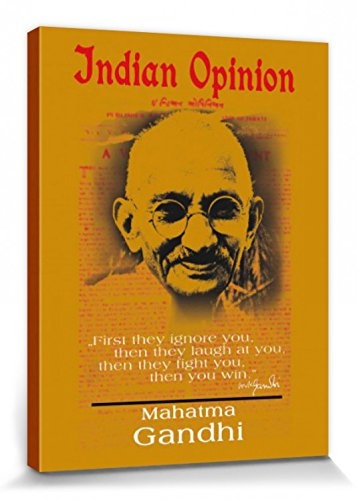 1art1 68947 Mahatma Gandhi - Indian Opinion, Zuerst Ignorieren Sie Dich, Gelb Poster Leinwandbild Auf Keilrahmen 80 x 60 cm