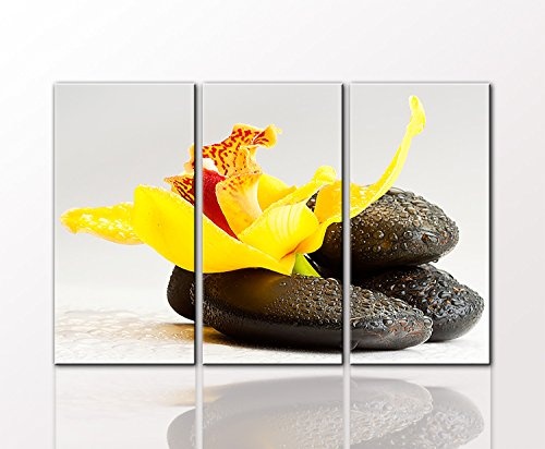 Wandbild als 3 teiliger Kunstdruck "Gelbe Orchidee" 80 x 125cm (3x40x80cm) auf Leinwand und Holzkeilrahmen (Natur, Blumen, Blüte, Orchidee, Steine, Wassertropfen, Spa, Wellness) - Beste Qualität, handgefertigt in Deutschland - Ganz einfach auspacken, aufh