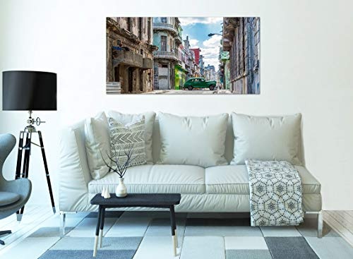 Topquadro XXL Wandbild, Leinwandbild 100x50cm, Havanna Rotes Auto, Straße und Alte Gebäude, Kuba und Farben - Panoramabild Keilrahmenbild, Bild auf Leinwand - Einteilig, Fertig zum Aufhängen