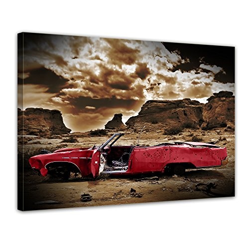 Keilrahmenbild - Cadillac - rot-sephia - Bild auf Leinwand - 120x90 cm - Leinwandbilder - Motorisiert - Amerika - Landschaften - Autowrack in der Wüste